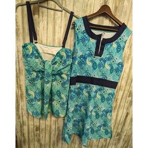 Mazu Swim Cover Up Dress & A-line Tankini Top Set Blue Floral Paisley 1X NWOT